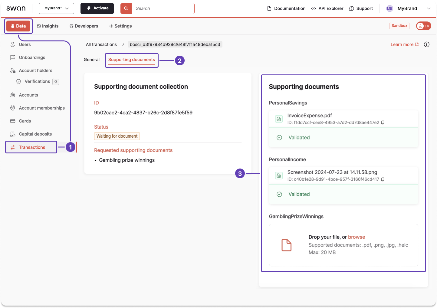 Review transaction supporting documents from the Dashboard