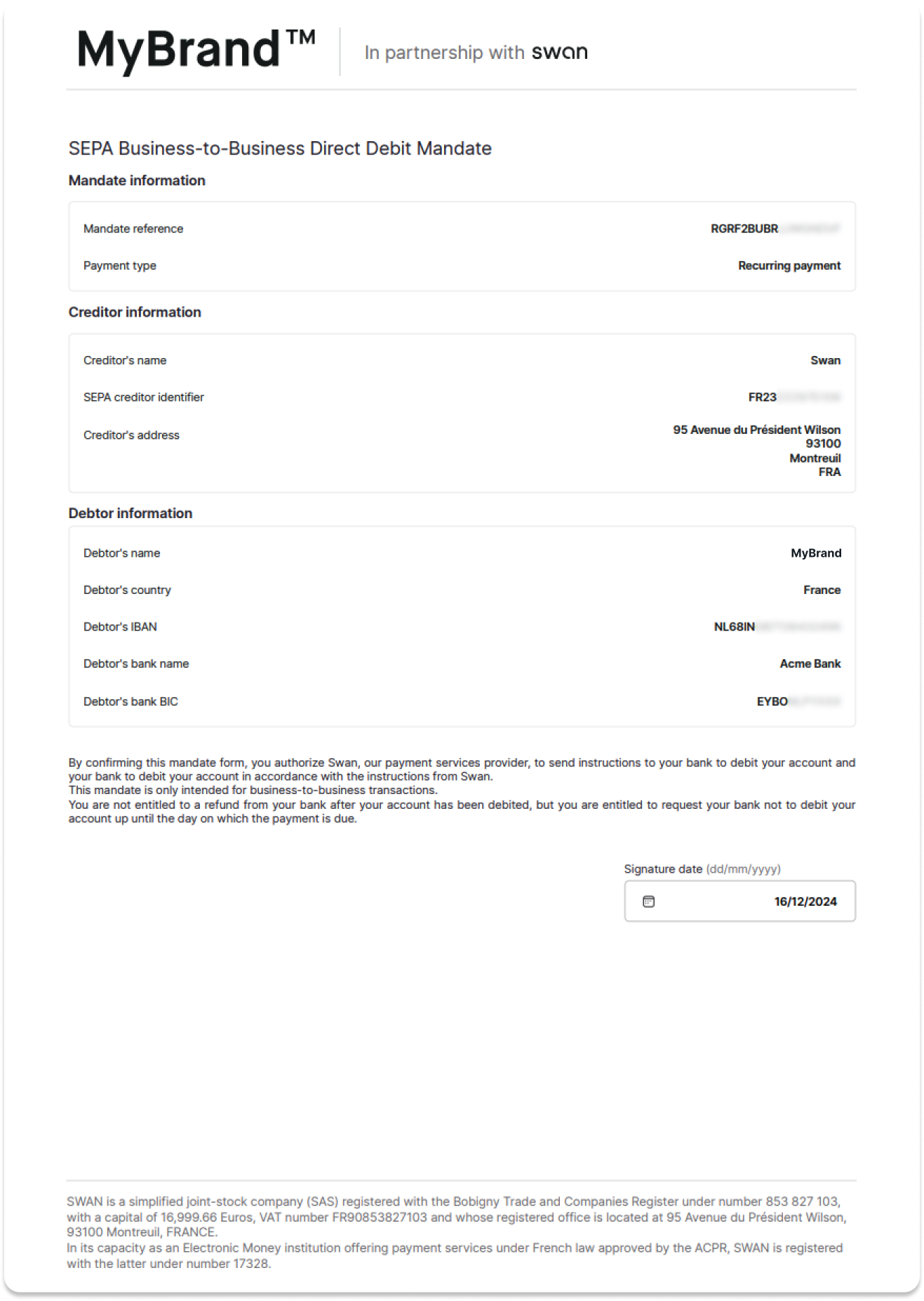 Sample SEPA Direct Debit B2B payment mandate to provide to non-Swan account provider