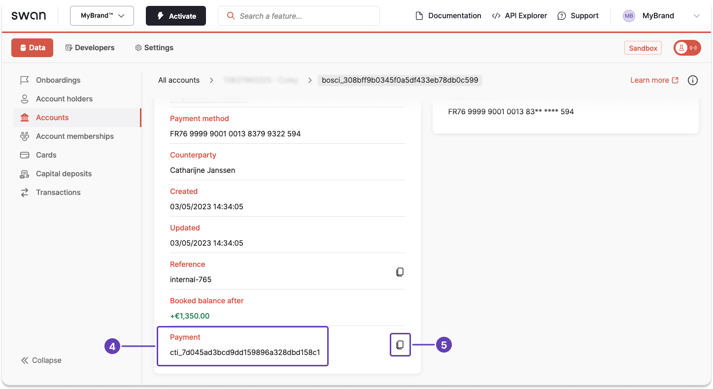 Screenshot of Swan Dashboard transactions page with a callout of the transaction ID