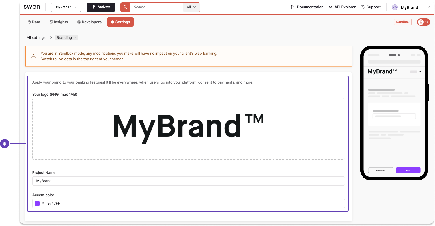 screenshot of Dashboard branding page