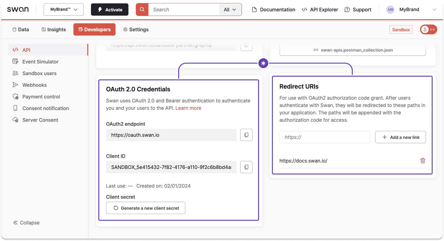 screenshot of Dashboard API page