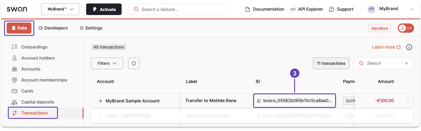 Screenshot of Swan Dashboard transactions page with a callout of a single transaction ID