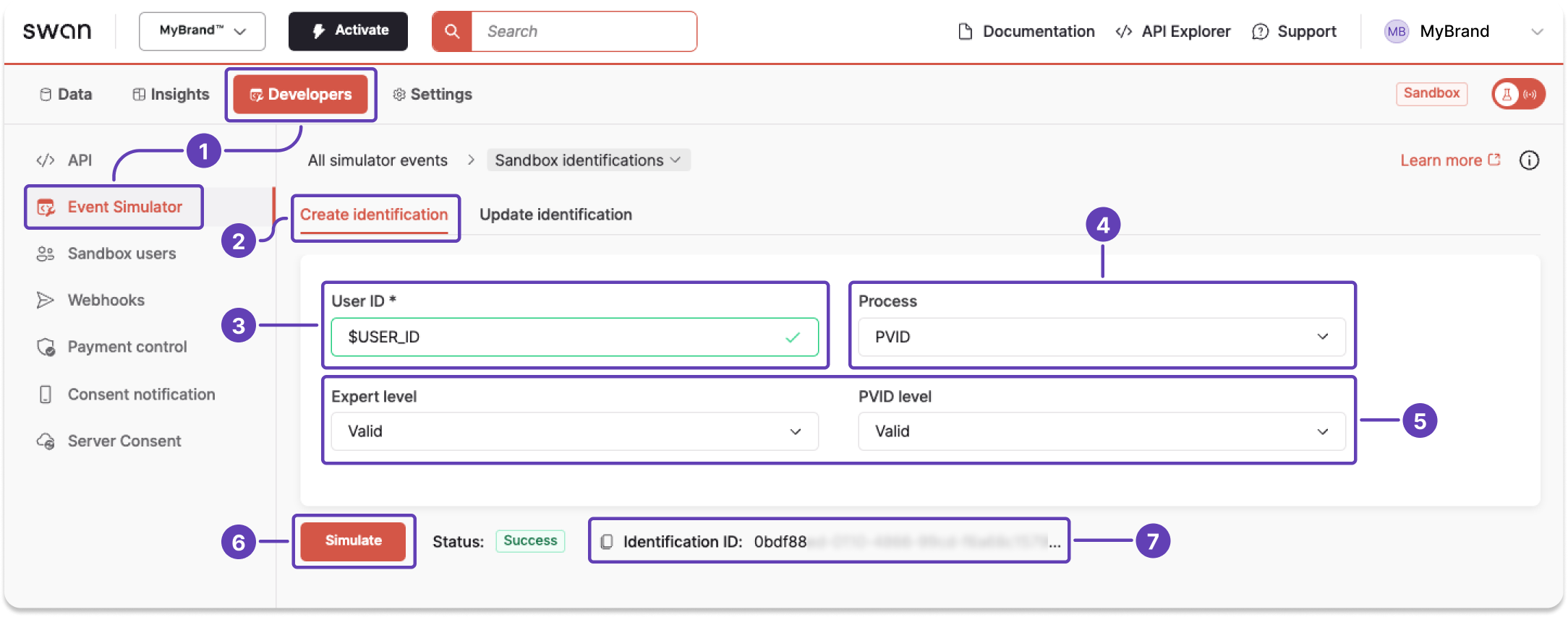 Screenshot of Dashboard Event Simulator to create an identification