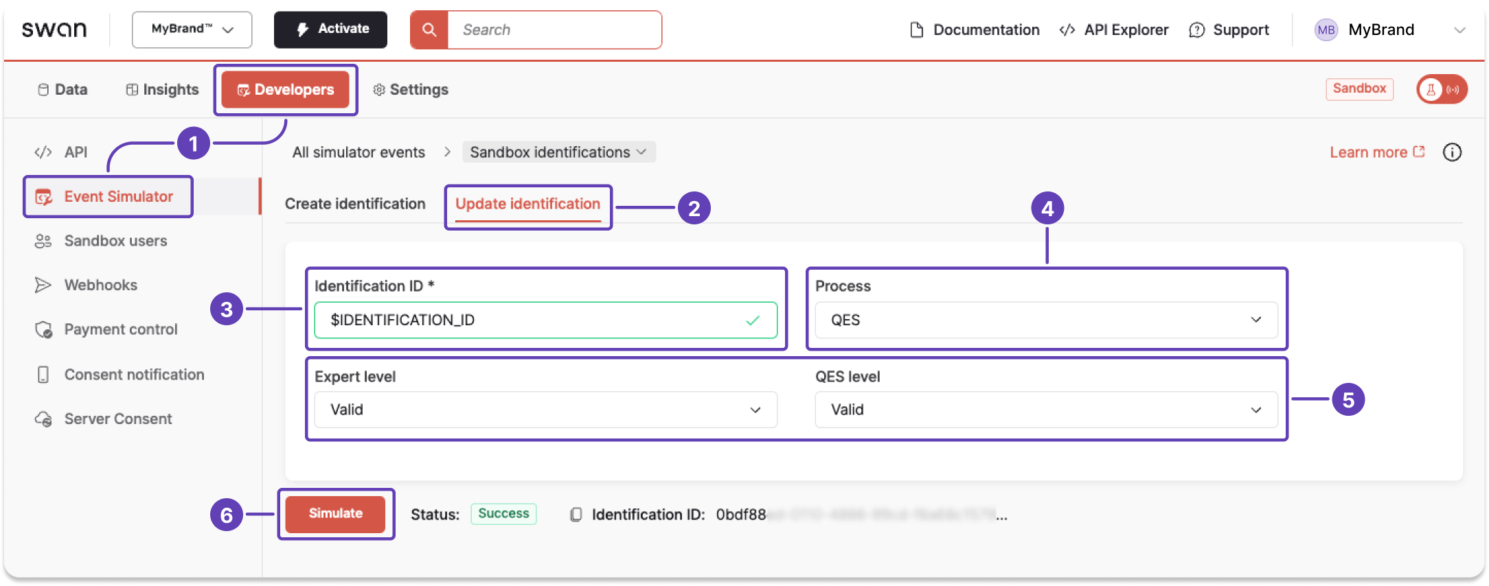 Screenshot of Dashboard Event Simulator to update an identification