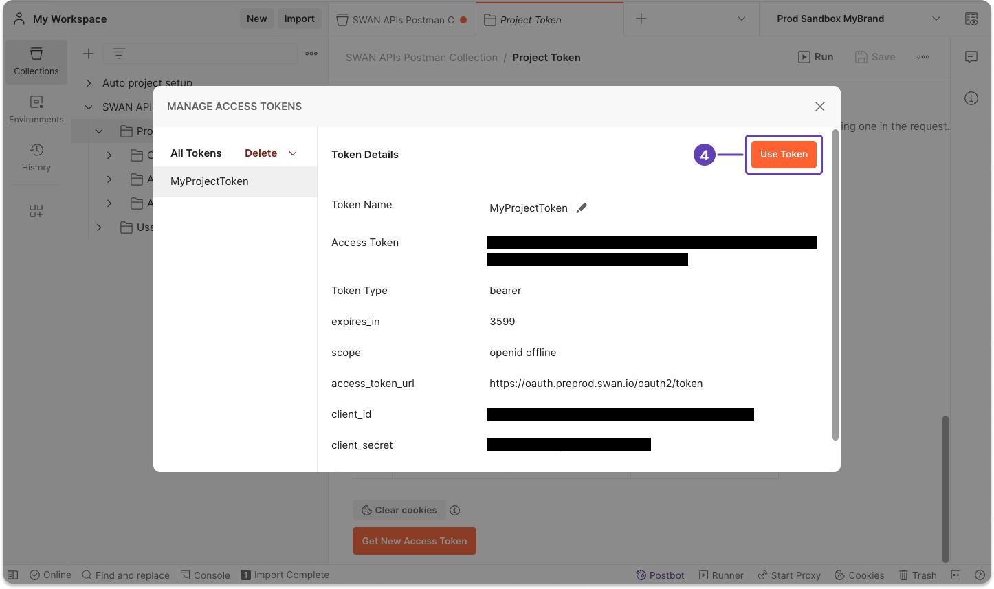 Image of Postman guiding user to use the new project access token