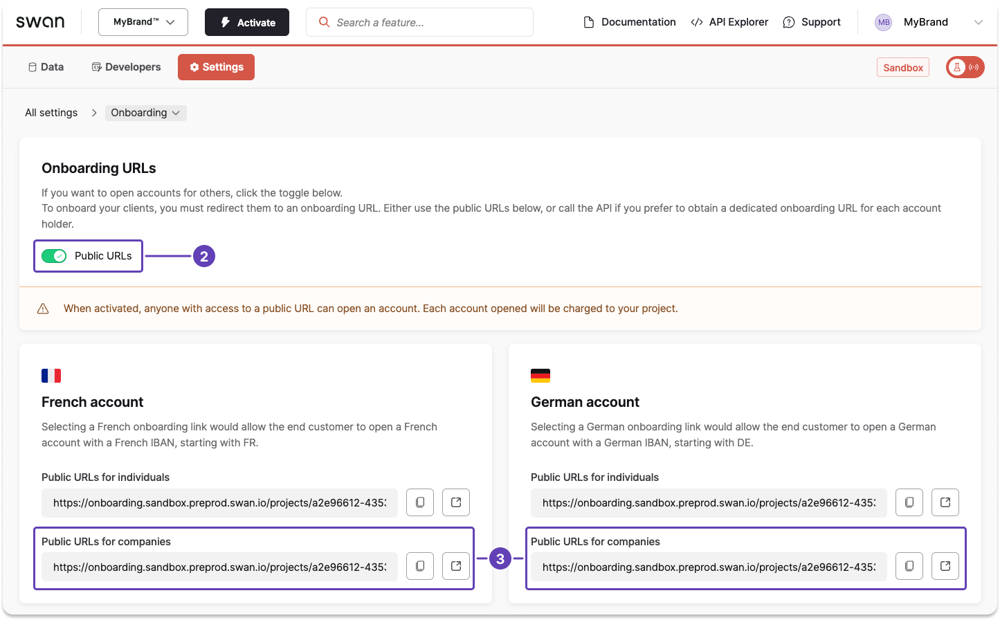 Screenshot of Swan Dashboard onboarding page with a callout of the onboarding ID