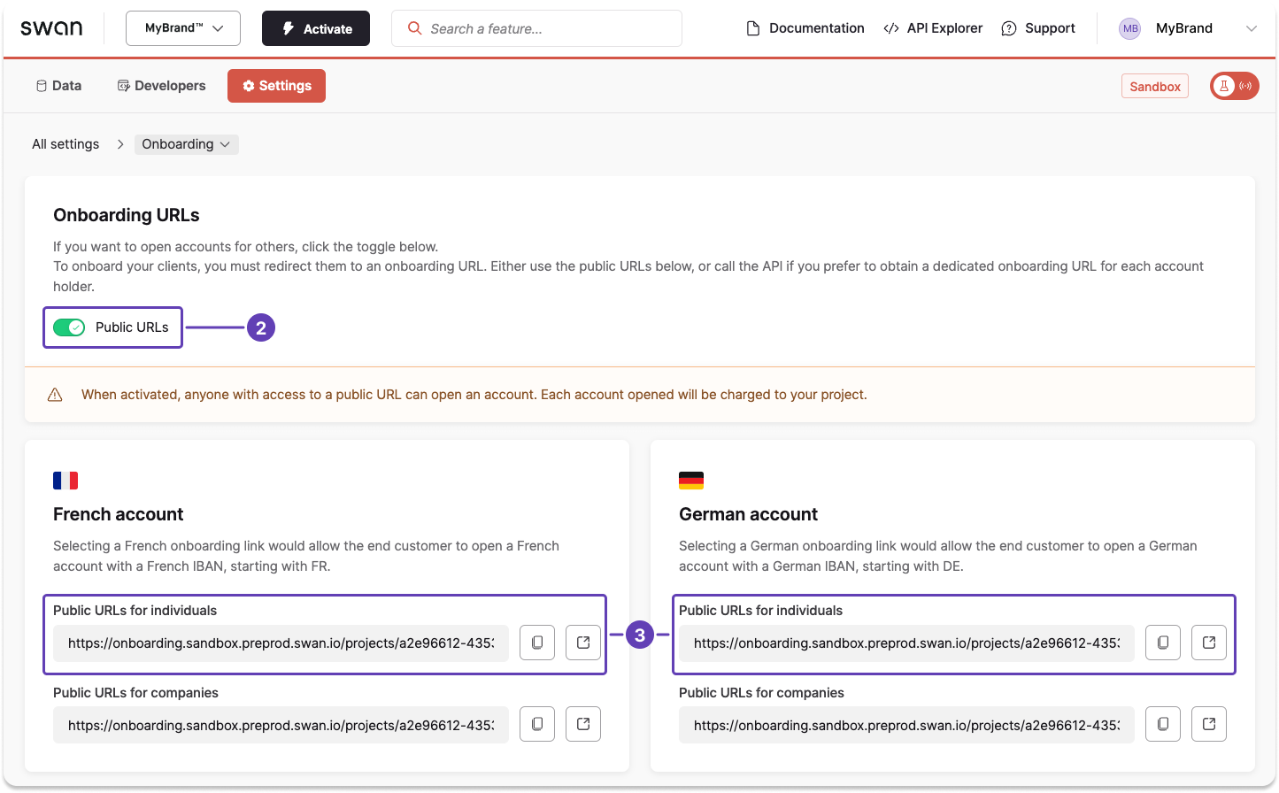 Screenshot of Swan Dashboard onboarding page with a callout of the onboarding ID