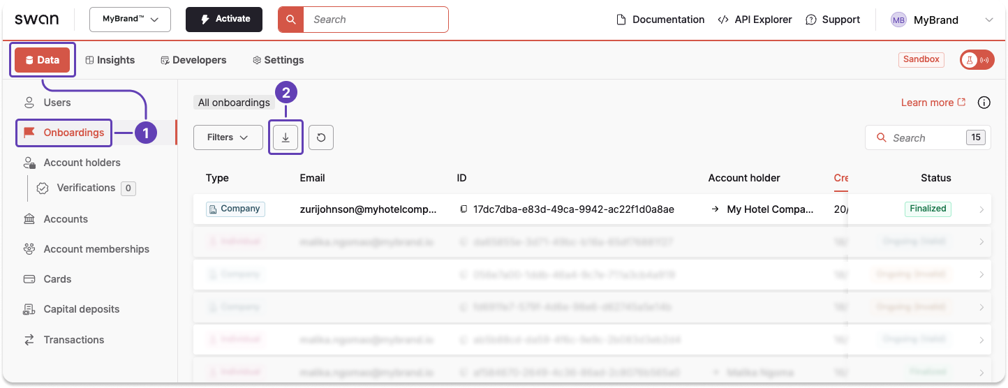 Screenshot of Swan Dashboard onboarding page with a callout download icon to trigger an export