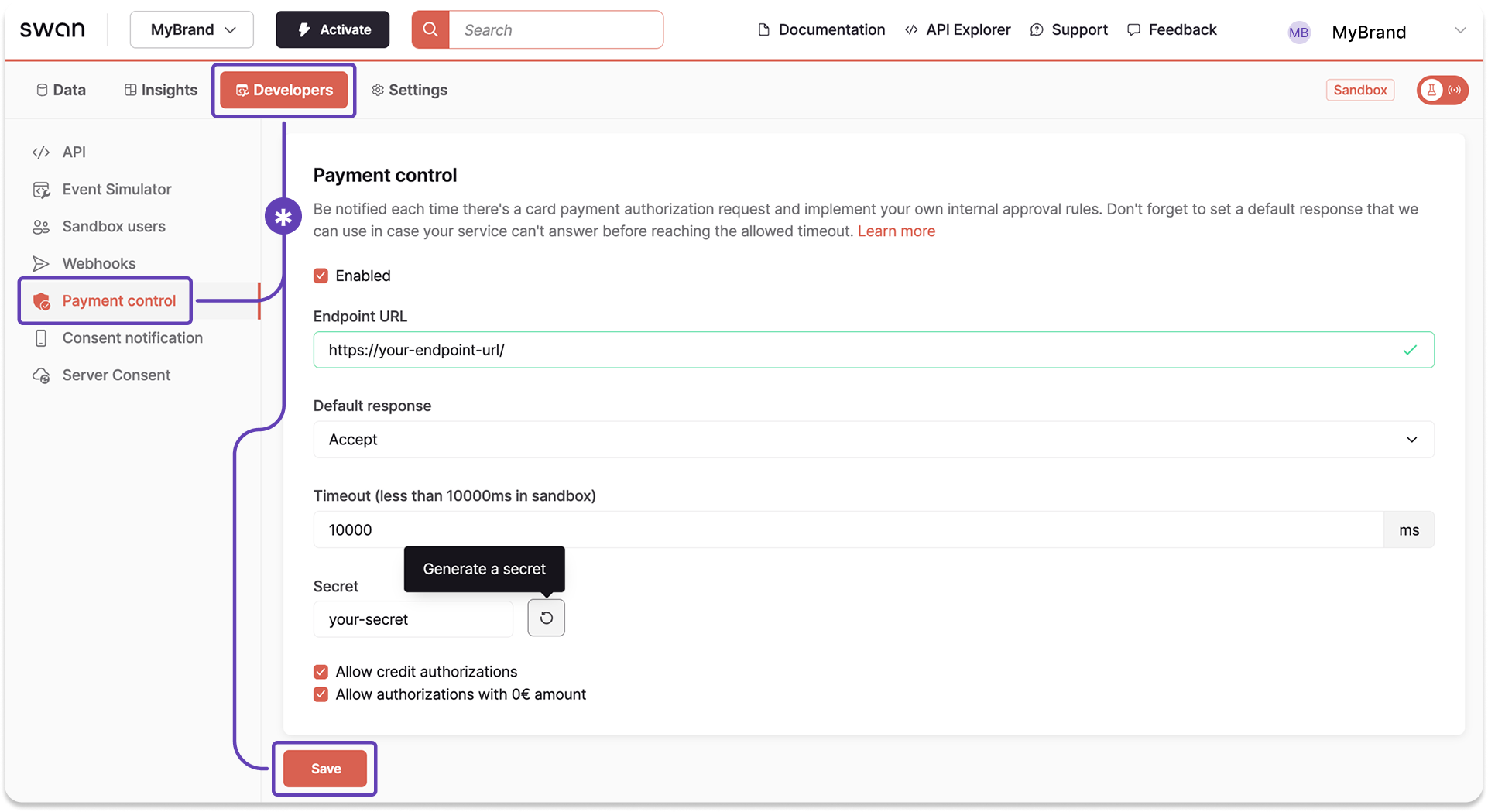 Screenshot of payment control Dashboard
