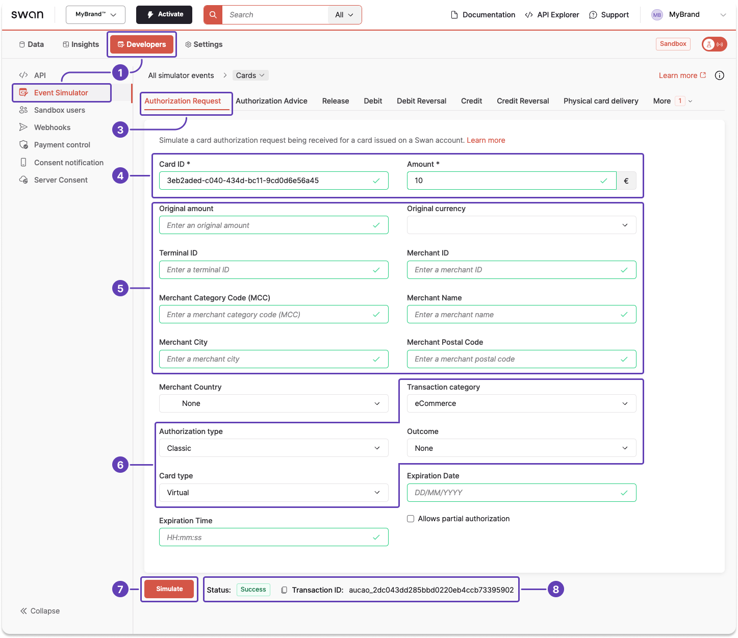 Screenshot of Swan Dashboard authorization request page in event simulator