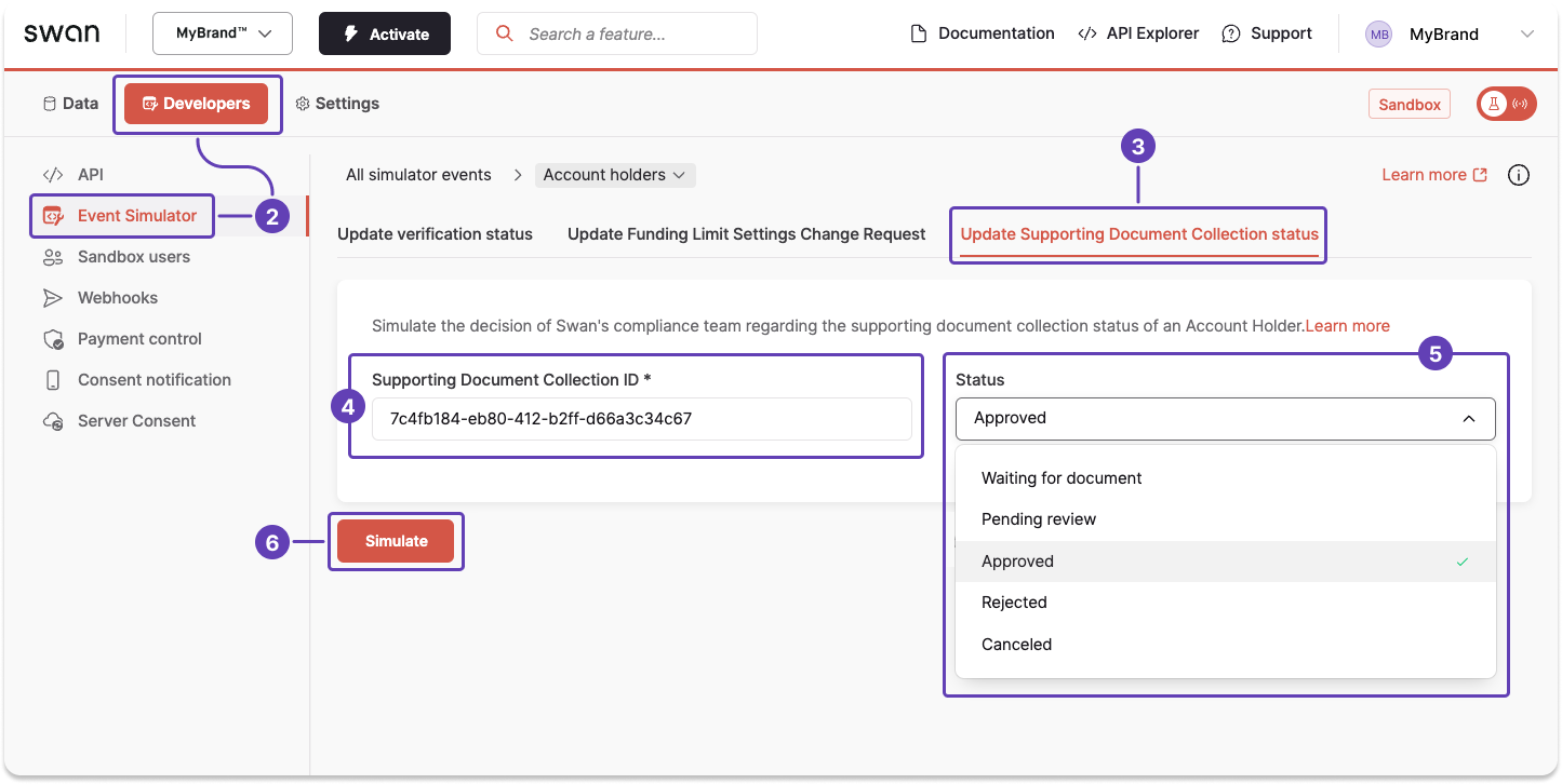 Simulate changing the status of a supporting document collection with the Event Simulator