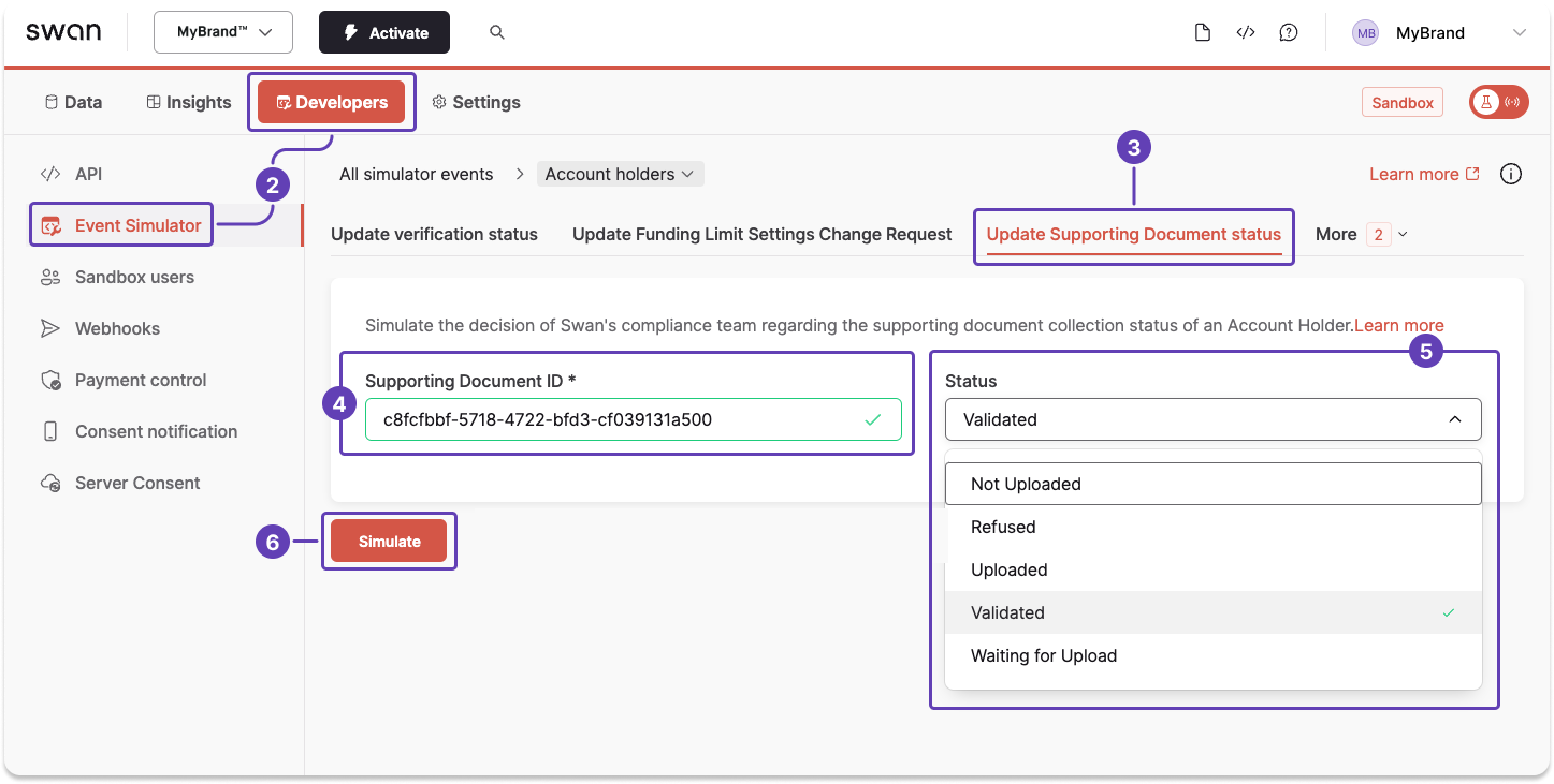 Simulate changing the status of a supporting document with the Event Simulator