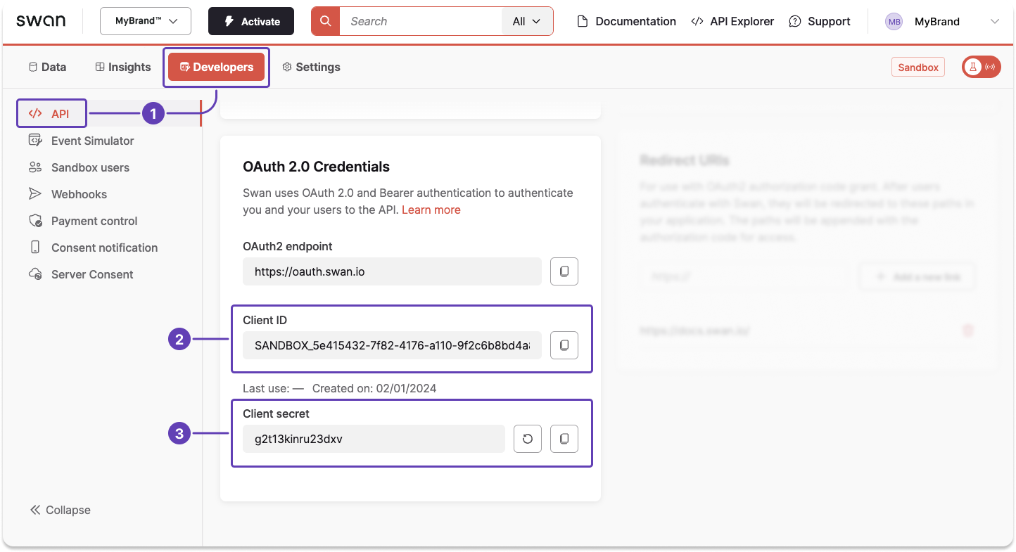 Image of Dashboard API page focused on credentials