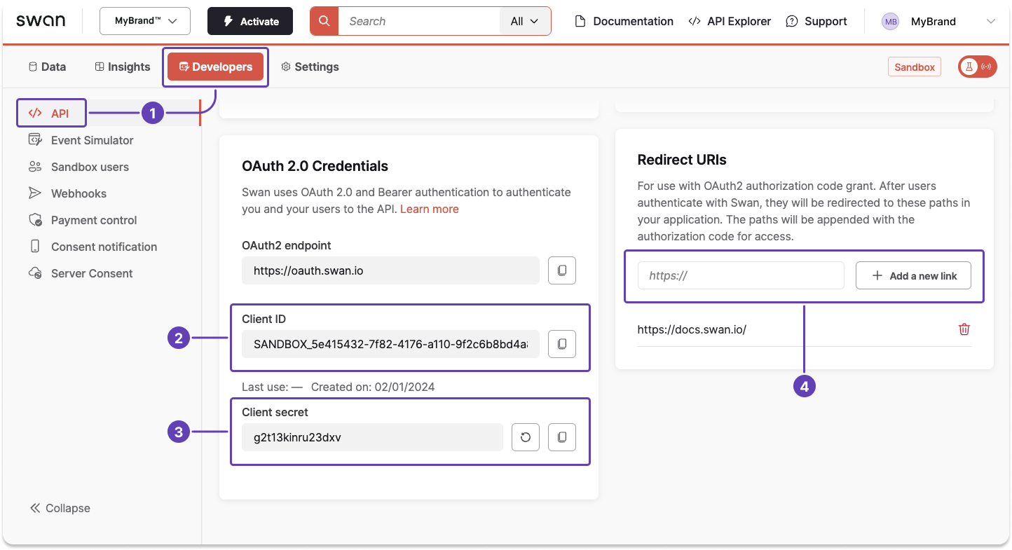 Image of Dashboard API page focused on credentials